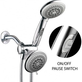 PowerSpa by HotelSpa Top American Brand High Pressure 3-way Luxury Overhead/Handheld Shower Head Combo with 63 Flow Settings, Water Saving Hand Pause Switch and Stainless Steel Hose/Chrome Finish