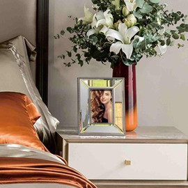 YUNDINGJI 4x6 Beveled Clear Mirror Champagne Silver Pearl Dot Photo Frame-Organic Glass Black Velvet Back Panel for Family,Wedding,Festival,Art,Wall,Tabletop,Decoration and Display.