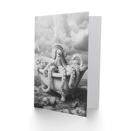 Artery8 Greeting Card Giant Octopus Bathtub Black White Mountain Cliff Blank For Him Or Her Art Birthday Card