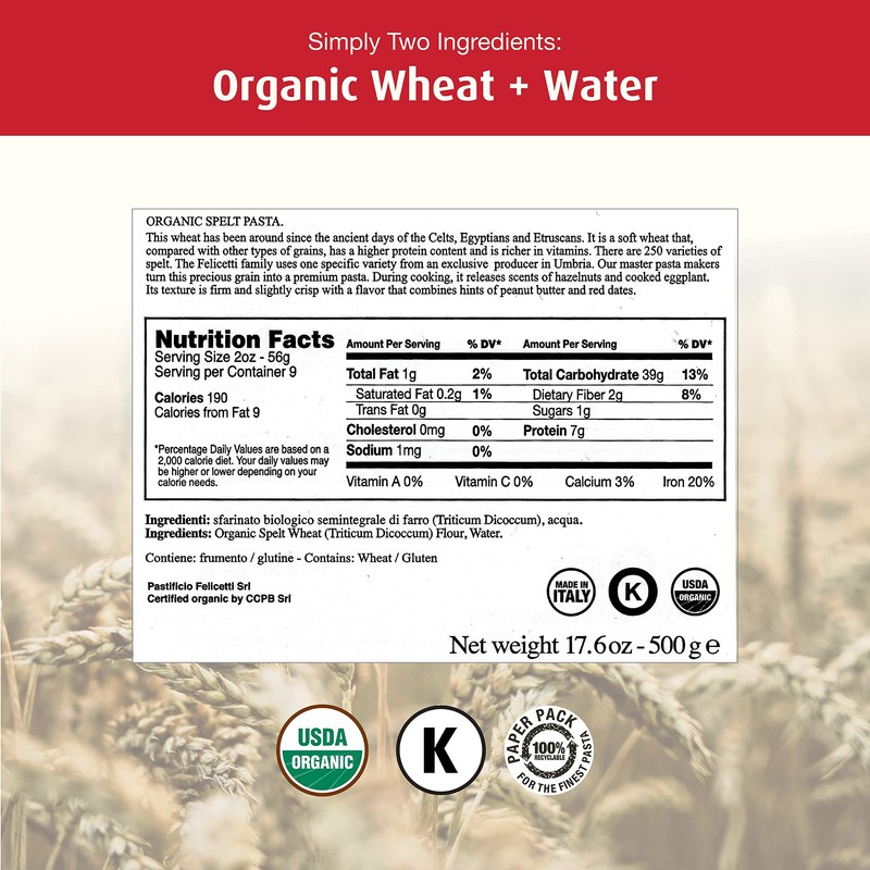 Monograno Felicetti Farro Spaghetti Pasta Italian Organic Non-GMO 17.6oz (500g)