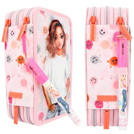 Depesche 12262 TOPModel Happy Together Filled 3-Compartment Pencil Case with Model Motif and Smiley Pattern, Pencil Case with Colouring Pencils, Scissors, Ruler and much more, Multi-Coloured, pink,