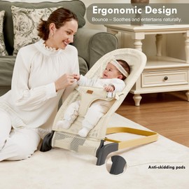 Foldable Baby Bouncer, Baby Bouncer Seat with 3 Adjustable Heights, Portable Newborn Rocker, Ergonomic Bouncer Seat for Natural Bounce, Bouncer for Babies 0-6 Months, Breathable Mesh (Beige)