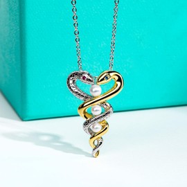 AnuClub Snake Pendant Necklace for Women Men Unisex 925 Sterling Silver with Corundum & Pearl, Chinese Rain God Yushiqie Inspired Jewelry, 45+2+3cm Adjustable Chain