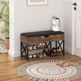 NUNU LAB Shoe Storage Bench, Multifunctional Entryway Bench with 3-Tier Shoe Rack & Cushioned Seat, Shoe Rack Bench for Front Door Entrance, Brown