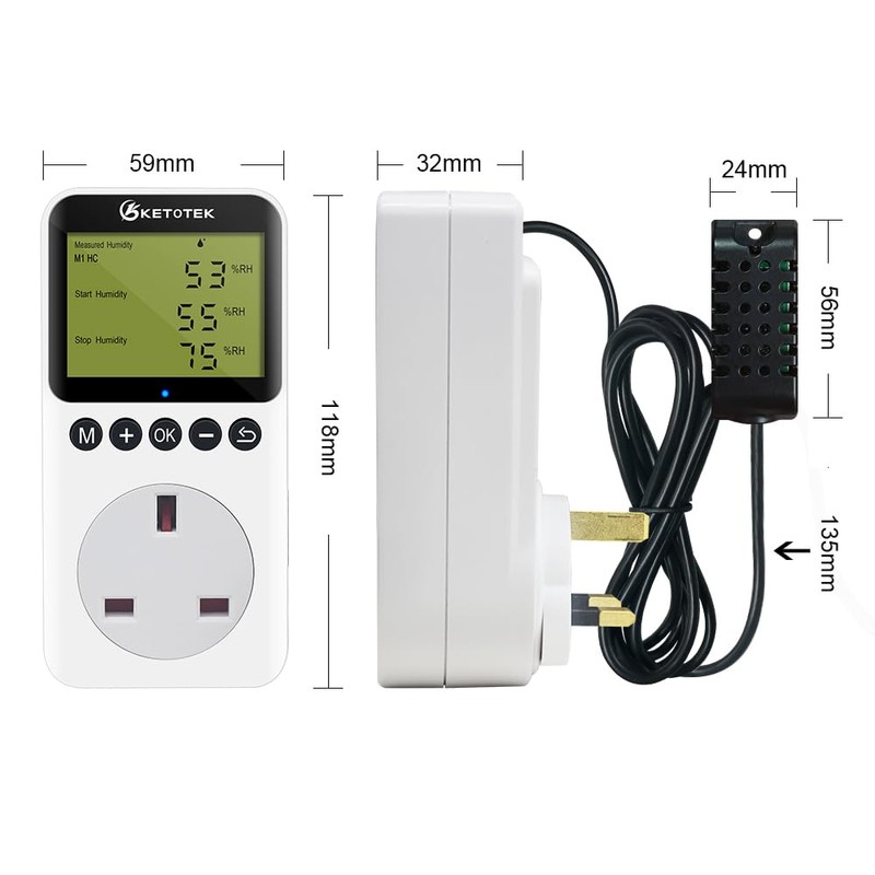 KETOTEK Digital Humidity Controller Plug Socket with Sensor Probe, Humidistat