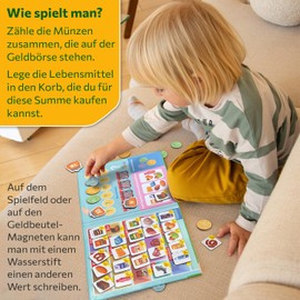 MAGNIKON Magnetic Game Shopping in the Supermarket 55 Magnets, Playing and Learning, Educational Game Calculating Learning with Large Playing Field for Employment on the Car, Game for On the Go