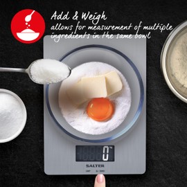 Salter 1103 SSDR Digital Kitchen Scale - 5 Kg Max Capacity, Sleek Food Weighing Baking/Cooking Scales, LCD Display, Premium Stainless Steel, Tare Function, Measures Liquids/Fluids, 15 Year Guarantee