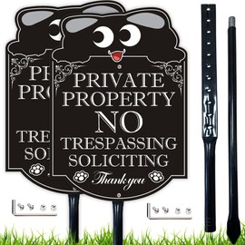 2Pack No Trespassing Sign Private Property with 36" Metal Stake, 10 x 14 inch No Soliciting Aluminum Sign for House for Front Door/Lawns/Gardens and Business.