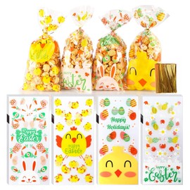 Lovinland 150PCS Easter Treat Bags Easter Candy Bags Easter Eggs Plastic Cellophane Bag Easter Cello Goodie Cooikes Gift Bags with Gold Twist Ties for Easter Party Favor Supplies