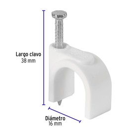 Volteck GCU-16B, Grapa para cable redondo, 16 mm, blanca, bolsa con 20 piezas