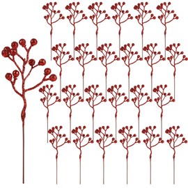 CCINEE 24 Pack Christmas Artificial Red Berry Stems,6.9 Inch Xmas Red Glitter Berry Picks Holly Branches for Christmas Tree Ornaments Xmas Wreath DIY Crafts Home Holiday Decor