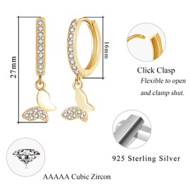 Kamise Hoop Earrings Silver Hanging 925 Sterling Silver Hoop Earrings for Women, Hypoallergenic Drop Earrings with Star Heart Butterfly Pendant, Hoop Earrings with Zirconia, Sterling Silver, Cubic