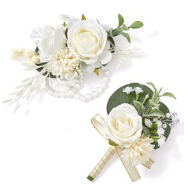 Serwalin White Rose Corsage and Boutonniere Set, Boutonniere for Men and Wrist Corsage Wristlet Prom Homecoming Wedding Flowers Accessories Party Suit Decorations