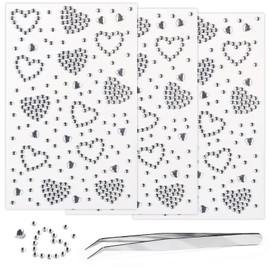 Heart Rhinestone Stickers Self Adhesive Face Gems for Makeup, Festival Jewels, Hair Gems, Rhinestone Stickers for Face, Eye, Makeup, Body, Crafts 3 Sheets(White-3/6/20mm)