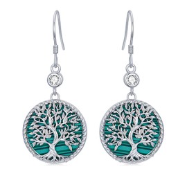 Tree of Life Dangle Drop Earrings, 925 Sterling Silver Moissanite and Turquoise/Abalone Shell/Opal/Malachite/Agate/Black Onyx/Tiger Eye Stone Family Tree of Life Drop Earrings Jewelry Gift for Women Mom (Style 1)