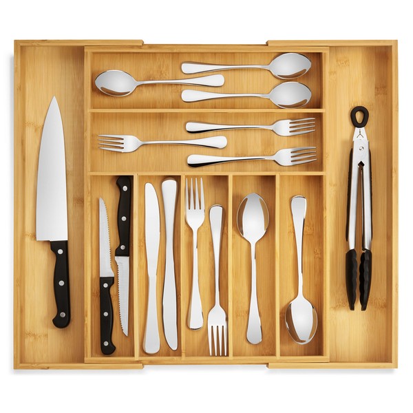 PURAWOOD - Large Premium Bamboo Silverware Organizer - Expandable Kitchen Drawer Organizer and Utensil Organizer, 17.5" x 19.75" Cutlery Tray with Drawer Dividers for Kitchen Utensils and Flatware (7-9 Slots) (Natural)