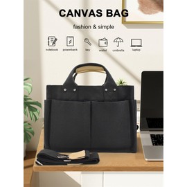 Women's Handbag Canvas Shoulder Bag Shopper Multi Compartments for Books Travel Everyday School Work with Shoulder Strap, black