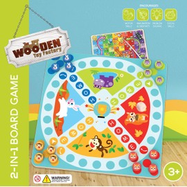 The Wooden Toy Factory - 2 in 1 Board Game - Snakes & Ladders/Home Race (*BONUS*: Includes Storage Bag For Pegs and Dices)