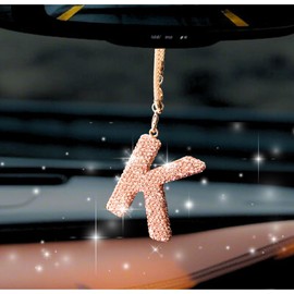 MOTOFITOOL Bling Car Accessories for Women Letter Charm, Rainbow Color Rear View Mirror Cute Crystal Pendant Car Decorations, Lucky Gifts Diamond Rhinestone Charm Interior (K, Champagne Gold)