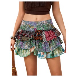 MakeMeChic Women's Boho Ruffle Hem Layered Skirt Paisley Print A Line Mini Skirts Multicolor Large