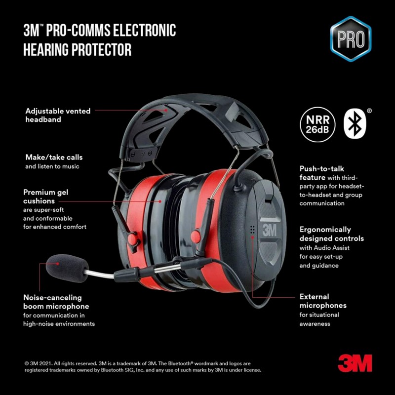 3M Pro-Comms Electronic Hearing Protector, Wireless Earmuffs With Bluetooth Technology