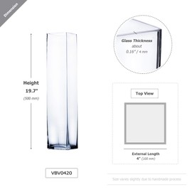 WGV Tall Square Vase Glass Block Bulk, Length 4", Height 20", Clear Floral Container, Masterpiece, Planter Terrarium for Wedding Party Event, Home Office Decor, 6 Pieces