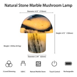 Handcrafted Natural Stone Mushroom Lamp - Rechargeable Bedside LED Night Light with Type-C Port, Unique Marble Table Lamp for Modern Interiors