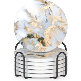 TIED RIBBONS Coasters for Drinks Set of 6 | Marble Style Coaster | Ceramic Coaster Set with Metal Black Holder | Coasters Tabletop Protection Home Decor for Coffee Table, Marble Gold, 4 Inches