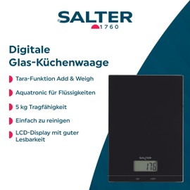 Salter Glass Electronic Kitchen Scales - Digital Baking Scale, Add and Weigh Tare Function LCD Display Measures Liquids 5kg Capacity Easy to Clean Cooking