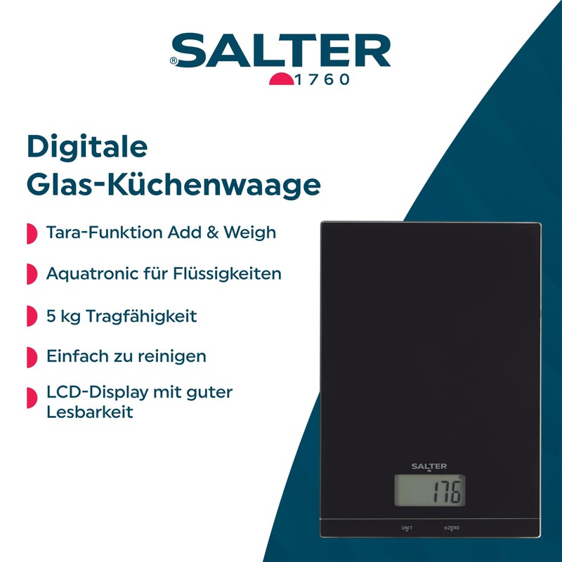 Salter Glass Electronic Kitchen Scales - Digital Baking Scale, Add