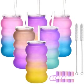 Alohastarttg 6 Pack 16oz Plastic Tumblers with Lids and Straws, Perfect for Iced Coffee, Mason Jar Style Reusable Cups, for Beach and Everyday Use (6, Gradient Jelly)