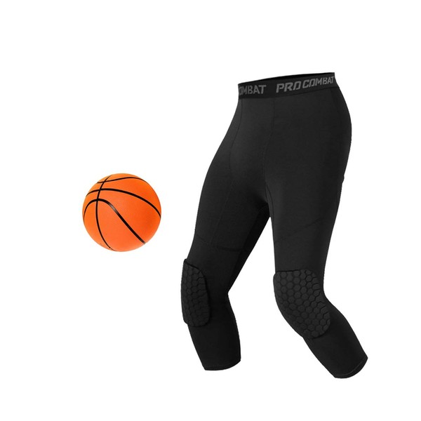 Unlimit Basketball Pants with Knee Pads, Black Knee Pad Compression Pants, 3/4 Capri Leggings (S)
