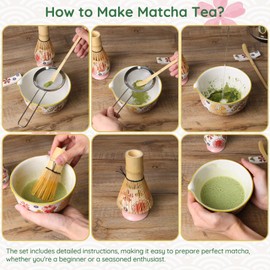 6PCS Matcha Whisk Set, Includes Ceramic & Bamboo Matcha Set Whisk and Bowl, Matcha Whisk Holder, Matcha Scoop and Rest, Fine Mesh Strainers, Ceremonial Hand-Painted Floral Matcha Kit for Lovers