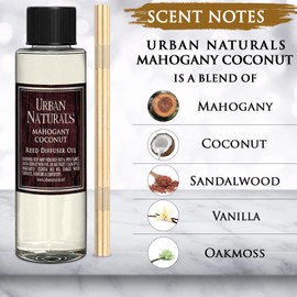 Urban Naturals Mahogany Coconut Reed Diffuser Refill Oil | Mahogany, Coconut, Sandalwood, Vanilla & Oakmoss | Made with Essential Oils | Includes a Free Set of Reed Sticks! 4 oz Made in The USA