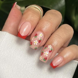 24 Pcs Pink Press On Nails Short Square,YEFIUO Spring Summer Red French Fake Nails Press ons Nail Art Tips Acrylic Nail Kit Glue on Nails Full Cover False Nails with Strawberry Flower Design for Ma'am