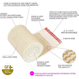 Premium Elastic Bandage Wrap (3" Wide, 12 Pack) - Made of USA Grown Organic Cotton - Hook & Loop Fasteners at Both Ends - GT Latex Free Roll for Sprains & Injuries