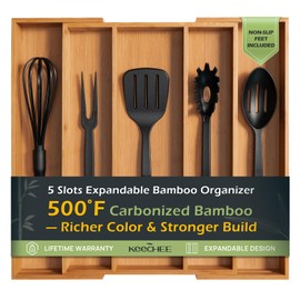 Carbonized Bamboo Kitchen Drawer Organizer, 5 Slots Expandable Silverware Organizer, Utensil Holder & Cutlery Tray, 2.2" Deep for Extra Capacity, Non-Slip Feet Included.