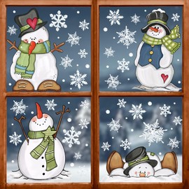 Christmas Window Stickers Winter Snowman Snowflakes Window Clings Xmas Reusable PVC Decal for Glass Mirror Decor, 6 Sheet