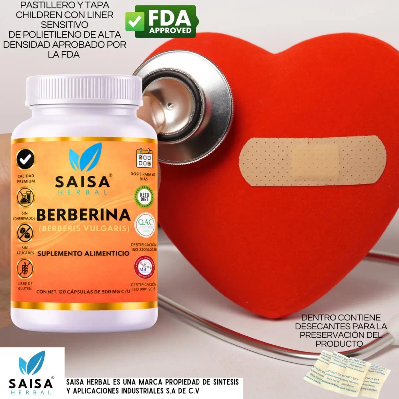 Berberina 100 Pura 120 Cáps Suplemento Alimenticio Saisa Herbal Metabolismo