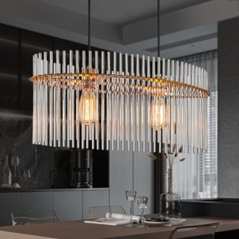 Liilokte 2 Light Modern Crystal Chandelier D23.6 Dining Room Chandelier Over Table Contemporary Pendant Ceiling Light Fixture Adjustable Height E26 for Living Room, Foyer, Entryway, Bedroom Gold