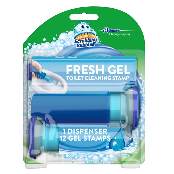 Scrubbing Bubbles Fresh Gel Toilet Cleaning Stamp, Rainshower, Dispenser with 12 Gel Stamps, 2.68 oz
