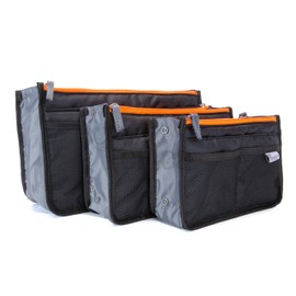 Periea 'Chelsy' Set of 3 Handbag Organiser Inserts - Women's Travel Cosmetic Bags with Zipper Closure - Expandable Liner Pouches (Small, Medium and Large) - Black with Neon Orange Zip