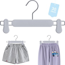 Kids Toddler Pants Hangers with Clips 30 Pack, Plastic Frosted Embossing Adjustable Heavy Duty Skirt Hangers for Women, Baby, Children Teens (Grey)