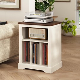 Farmhouse Record Player Stand, 3 Tier End Table, Turntable Stand with Vinyl Record Storage Holds Up to 160 Albums,Wood Record Holder Cabinet Dispaly Shelf for Living Room,Bedroom,Office,Antique White