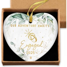 Ceramic Heart Ornament - Our Adventure Awaits Engaged 2025 - Wedding Gifts for Couples 2025 - Engagement Gifts for Couples, Women, Men