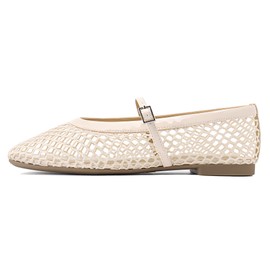 Rihero Mesh Ballet Flats Shoes for Women Comfortable Nude Ballerina Flats Fishnet Buckle Strap Mary Jane Flats Size 8