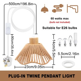LAKONEI Plug in Ceiling Light with Vintage Lampshade, Plug in Pendant Light 500cm Cable, Industrial Hanging Lights Kit with Switch, E26/E27 Lamp Holder Ceiling Pendant Lamp Fixture