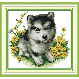 Happy Forever Cross Stitch Kits 11CT Stamped Patterns for Kids and Adults, Preprinted Embroidery kit for Beginner, Animal Cute Dogs (D450 Husky, Size 14''x13'')