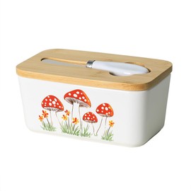 WAIT FLY Mushroom Ceramic Butter Dish with Bamboo Lid and Knife, 2 Sticks Butter Dish Butter Container Keeper for Kitchen Countertop, Home Decorative-Mushroom