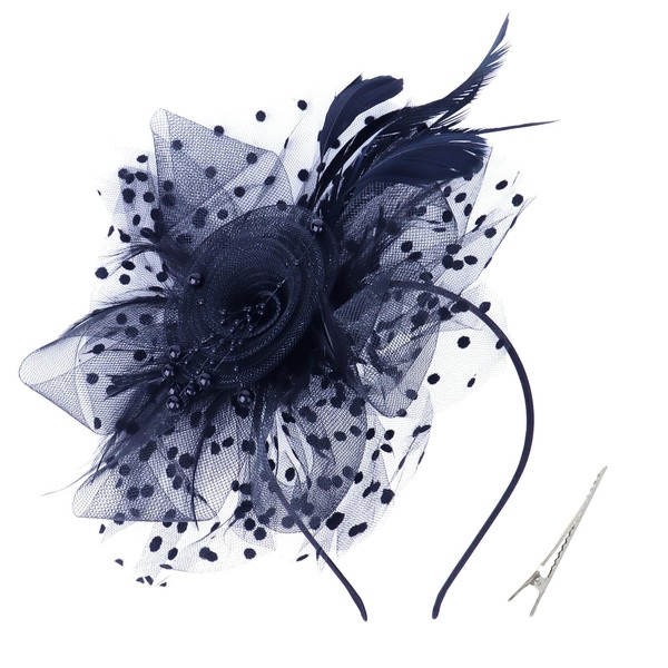 Pruadeor Feder & Blumen Haarreif - Dunkelblau Tüll-Punkt Kopfschmuck Fascinator